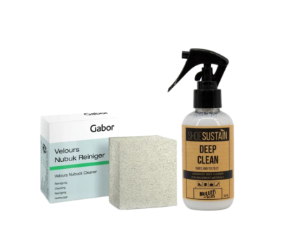 Deep Clean reinigingsspray voor leer, suède, nubuck en textiel naast de Gabor Velours/Nubuck reiniger met crêpezijde spons.