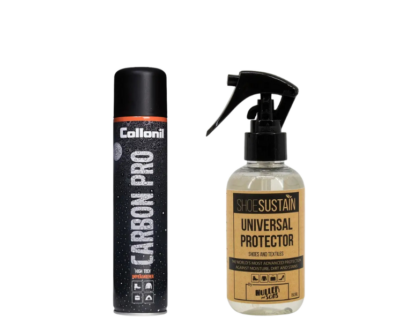 Collonil Carbon Pro impregneerspray en SHOESUSTAIN Universal Protector spray voor water- en vuilafstotende bescherming van schoenen en textiel.
