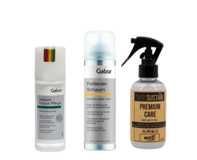 Gabor Velours/Nubuck lotion, Gabor Fettleder schuim en SHOESUSTAIN Premium Care voor verzorging van suède, nubuck, vetleder en textiel.